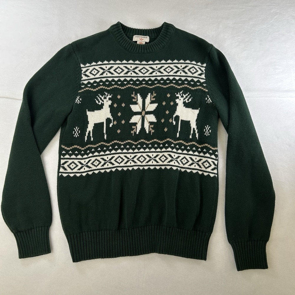 Dockers VTG Mens Christmas Sweater Jumper Reindeer Nordic Green‎ Holiday Sz S/P